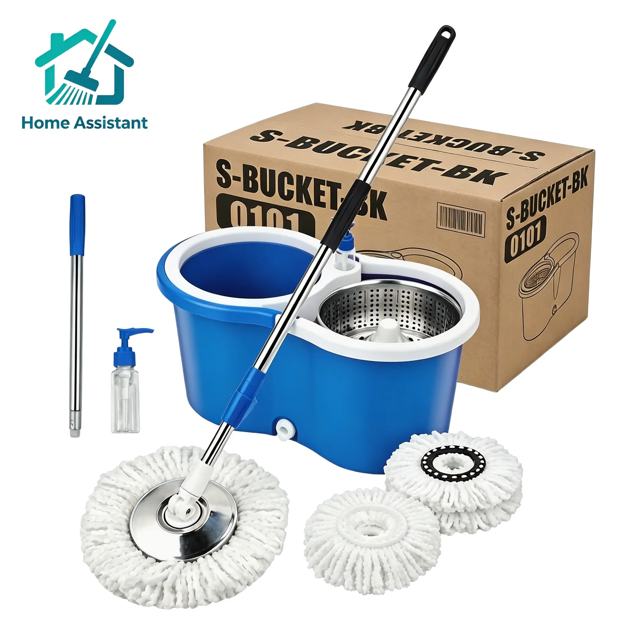 Spin Mop and Bucket with Wringer Set, 360° Rotating Floor Cleaning System, 3 Microfiber Mop Head Refills, 61" Stainless Steel Extendable Handle, Wet and Dry Mop for Hardwood, Tile, Laminate Floors, Blue bleach