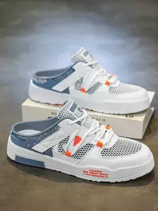 Plus Size Men's White-Gray Mesh Mule Sneakers, Light & Breathable Stylish Style, Hollowed Mesh + Mule Slip-On Design + "FASHION" Slogan, Breathable & Refreshing, Plus Size Friendly , Ideal for Plus Size Men's Summer Leisure & Light Outings