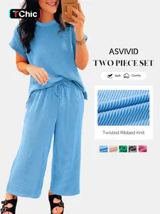 Women's Twisted Ribbed Knit Solid Color Set - Round-neck Short Sleeve T-Shirt & Wide Leg Pants with Side Pockets, Casual Comfy for Summer Daily Wear, Co Ord Sets
