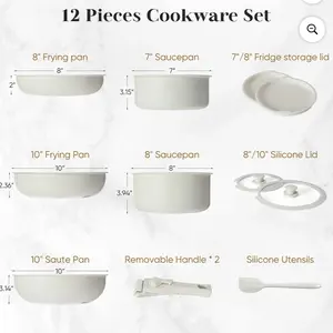 edx 12pcs Non-Stick Cookware Set with Detachable Handle Beige Pots and Pans for Kitchen Includes 8" Frying Pan 7" Saucepan 10" Saute Pan