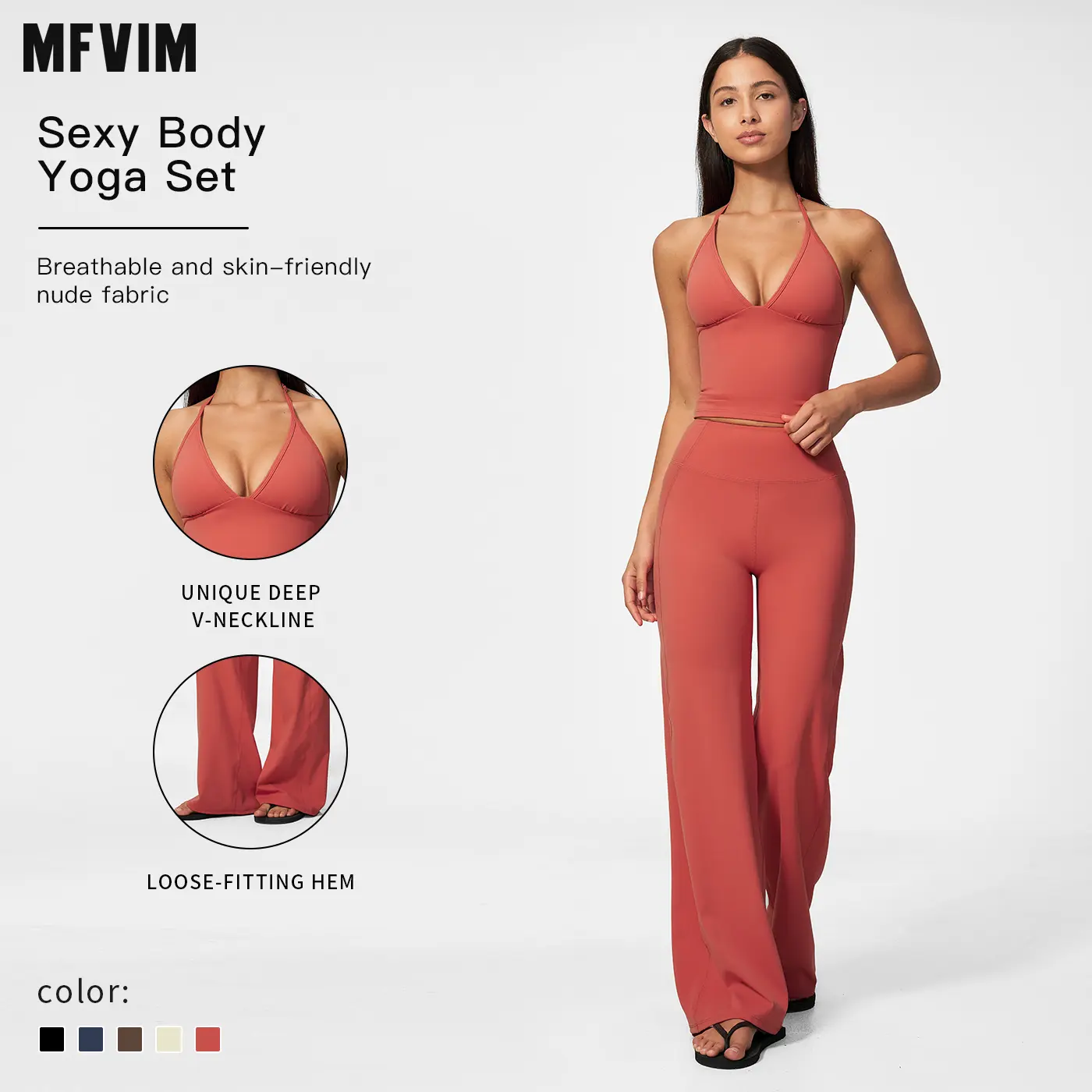MFVIM women’s halter deep V long camisole + high-waisted loose flared yoga pants two-piece set, seamless nude-feel fitness outfit