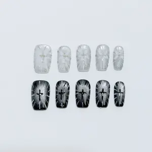 #56 Gothic Dark Angel Cross Press-On Nails | Black-White Gradient Wing Short Square Nails | Edgy Punk Nail Art