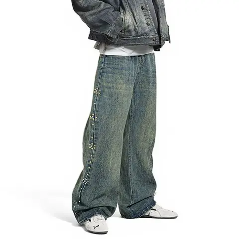 inflation Men's Retro Flared Denim Jeans - Menswear Flare Pants Jeans with Vintage Beaded Cat Whisker Design, Fitted Cut, Casual Streetwear Clothing Clothes for Daily Wear