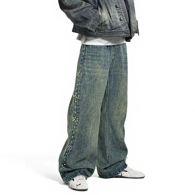 inflation Men's Retro Flared Denim Jeans - Menswear Flare Pants Jeans with Vintage Beaded Cat Whisker Design, Fitted Cut, Casual Streetwear Clothing Clothes for Daily Wear