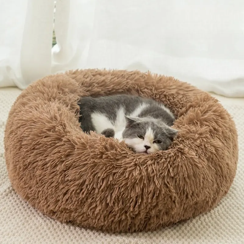 Super Comfortable Round Donut-Shaped Pet Bed Calming Dog Bed Medium Size Donut Washable Anti-Slip Fluffy Plush Faux Fur Cat Bed for Dogs & Cats Premium Polyester Material