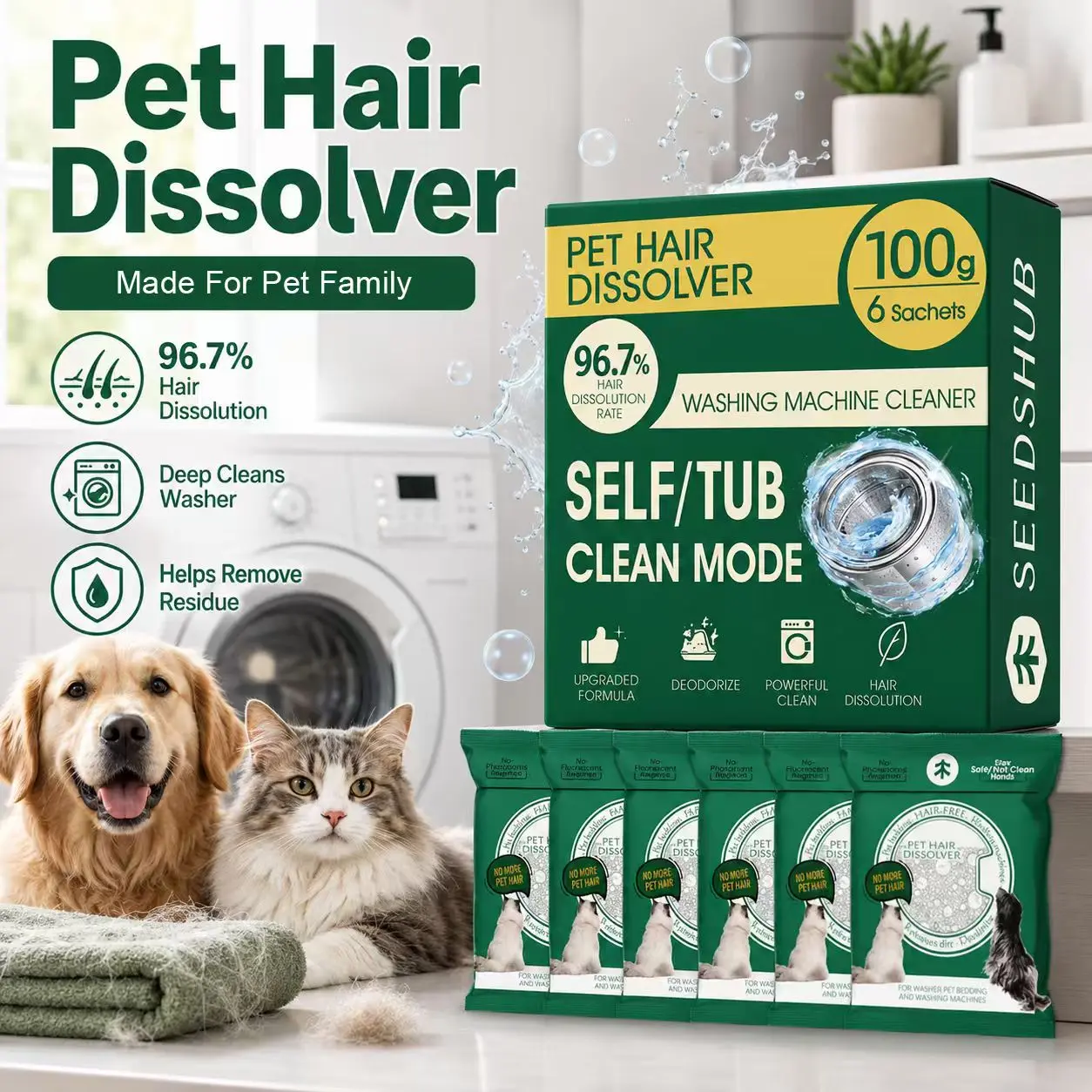 Seedshub Washing Machine Pet Hair Dissolving Cleaner, 5-in-1 Enzymatic Formula for Deep Cleaning & Pet Bedding, 96.7% Dog & Cat Hair & Odor Removal, Septic-Safe for Front & Top Load HE Machines, 6 x 100g Individual Sachets DealsForYouDays