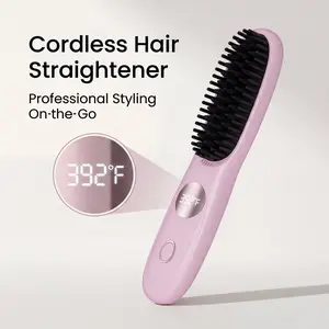 Cordless Hair Straightener Brush  Portable Ionic Straightening Comb for Travel & Quick Touch-ups, Mini Hair Styler, USB-C Rechargeable, 60 Min Runtime Pink & Balck