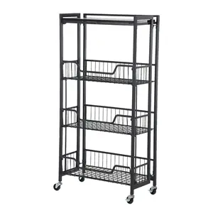 Foldable Kitchen Cart on Wheels, Wood Rolling Storage Cart with 3-Tier Shelves, Utility Kitchen Organizer for Fruit Vegetable Snack Pantry, Space-Saving Cart for Home