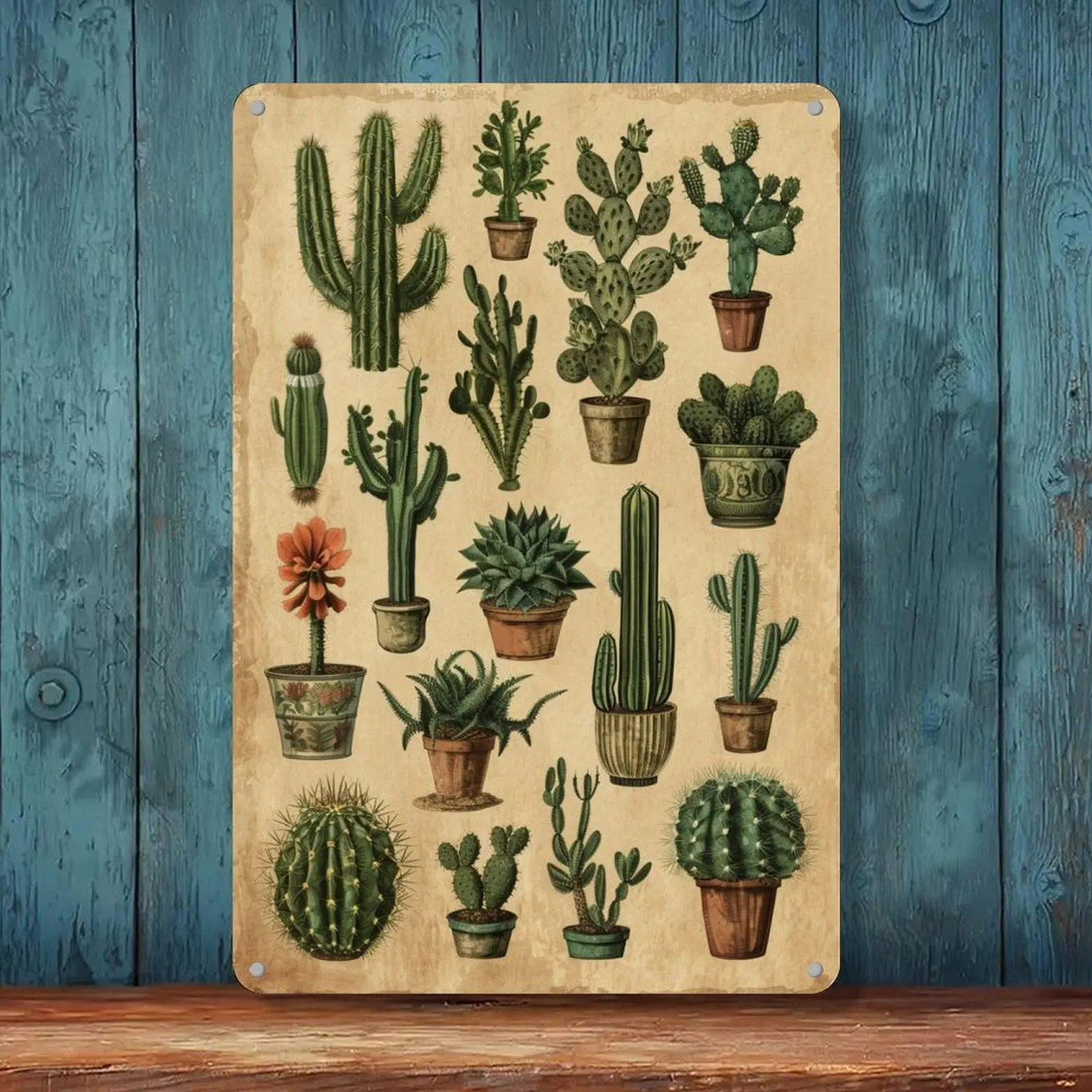 Vintage Cactus Variety Botanical Antique Paper Plant Tin Sign 8x12in Farmhouse Kitchen Wall Decor Metal Tin Sign