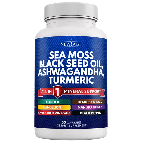 New Age Sea Moss 3000mg Black Seed Oil 2000mg Ashwagandha 1000mg Turmeric 1000mg Bladderwrack 1000mg Burdock 1000mg- with Manuka, Honey Dandelion, ACV Black Pepper Gluten Free Healthcare Supplement Dietary Edible