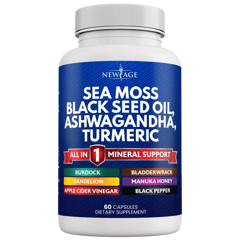 New Age Sea Moss 3000mg Black Seed Oil 2000mg Ashwagandha 1000mg Turmeric 1000mg Bladderwrack 1000mg Burdock 1000mg- with Manuka, Honey Dandelion, ACV Black Pepper Gluten Free Healthcare Supplement Dietary Edible