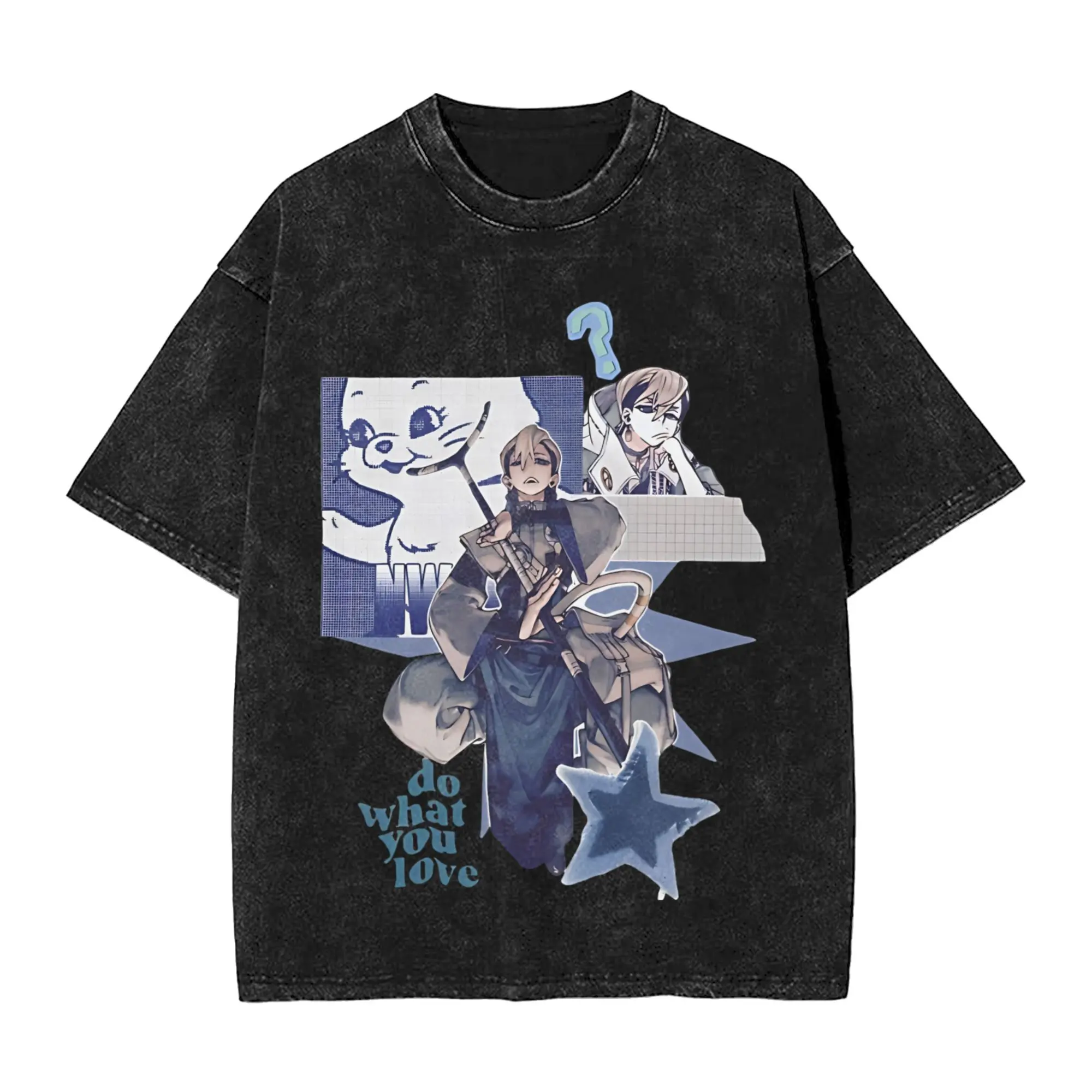 Menswear Distressed Anime Washed Round Neck Short-Sleeve Casual Cotton Oversize T-Shirt, Valentine-Inspired Streetwear Hip Hop Vintage Tee for Men