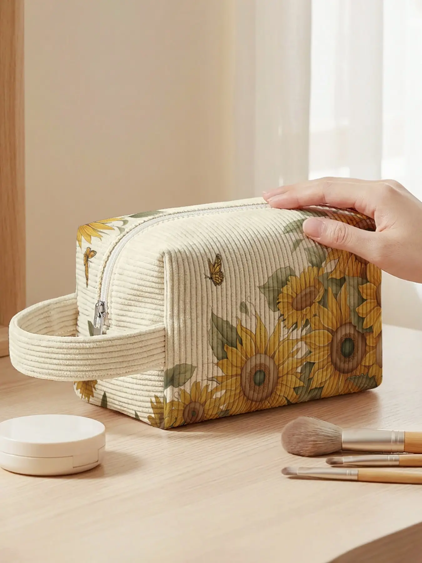 Sunflower Pattern Cosmetic Bag, Velvet Handle Travel Makeup Pouch, Reinforced Handbag with Smooth Zipper, All-Season Casual Storage