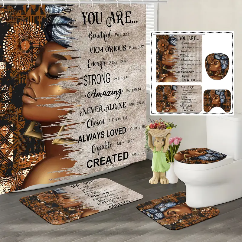 72x72" Faith-Inspired African American Black Girl Themed Fabric Shower Curtain Set, 4-Piece Waterproof Polyester Bathroom Curtains with Bible Verse Slogan, Hooks, Modern Geometric-U-Shape Design & Included Artistic Rug