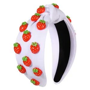 L-HDW004 Fruit Headbands for Women Girls Tropical Strawberry Knotted Headband Summer Beach Headwear Hair Accessories (Strawberry-White)