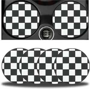 4 Pack  Cup Coasters, 2.75 Inch  Holder Cup Holder Insert Coaster, Anti-Slip Automotive Black White Grid and  Flag Drink Cup Mat, Universal Interior Accessories (Black/White)