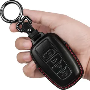 for Toyota Key Fob Cover Genuine Leather With Keychain,Leather Key Case Compatible with 2019-2025 Rav4 2020-2022 Highlander Corolla Prius 2018-2024 Camry Avalon C-HR GT86-black (red line)