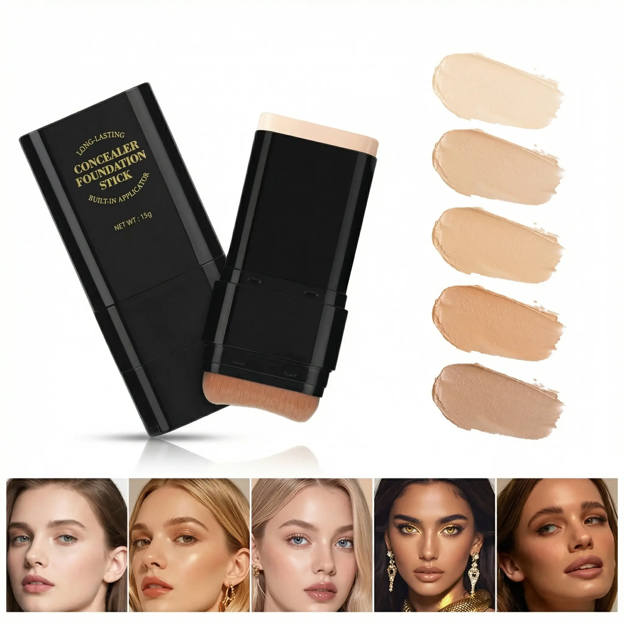 Women's 2-in-1 Concealer & Foundation Stick with Brush - Waterproof, Hydrating, Longwearing, Lightweight Matte, Flawless Color Corrector, Blemish Eraser, Travel-Friendly for All Skin Types