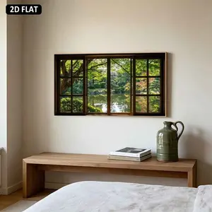 2D Flat, 1pc a Large 19.68in50cmX39.37in100cm UnFramed，Large Canvas Printing Peaceful Garden Through Wooden Window Modern Home Decoration Canvas Art Prints Suitable for Living Room Bedroom Realistic Fashion Mural Design Home Relocation Gift