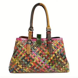 Women's Handwoven Leather Tote Bag - Multi-coloured patterned shoulder and cross body bag with brown leather trim and zipper closure