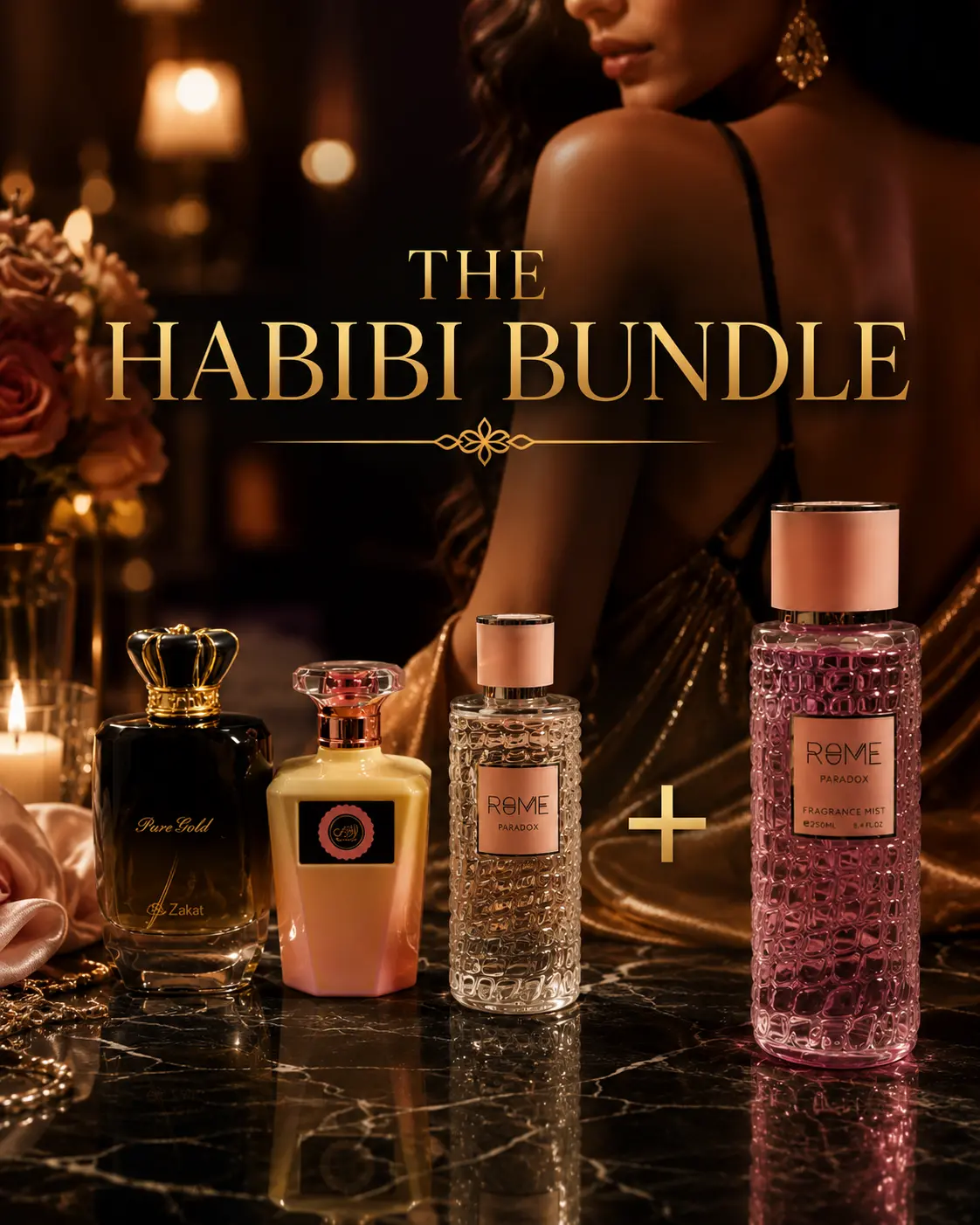 Habibi Bundle | Rome Pardox +  Pure Gold + Abyat + Rose Night | Womens Fragrance | 100ML - 3.4Oz | Eau De Parfum | Pear, Bergamot, Tangerine