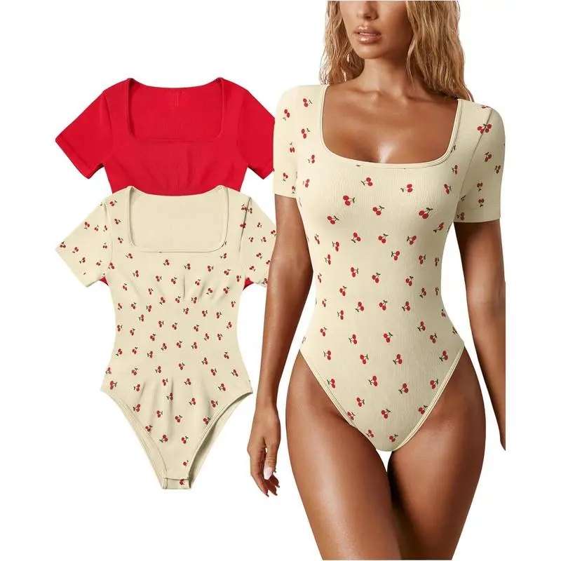 Women's 2 Piece Bodysuits Sexy Ribbed One Piece Square Neck Short Sleeve Bodysuits