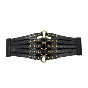 OIDEA Women's Punk Faux Leather Wide Hollow Matrix Rivet Metal Stud Corset Belt - 70cm Adjustable Snap Button Closure Retro Waist Cincher, Punk Fashion Belt for Dresses, Coats summerwins, Edgy Belts,summerwins