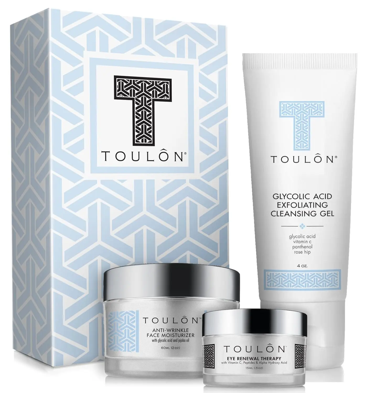 Skin Care Kit with Glycolic Acid Face Cleanser, Alpha Hydroxy Acid Moisturizer & Eye Cream for Dark Circles. Gift Set Kit for Women & Men