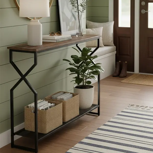 MAHANCRIS 2-Tier Metal & Wood Console Table - Rustic Entryway Piece with Hourglass Frame, Mesh Lower Shelf, Slim Design for Narrow Spaces
