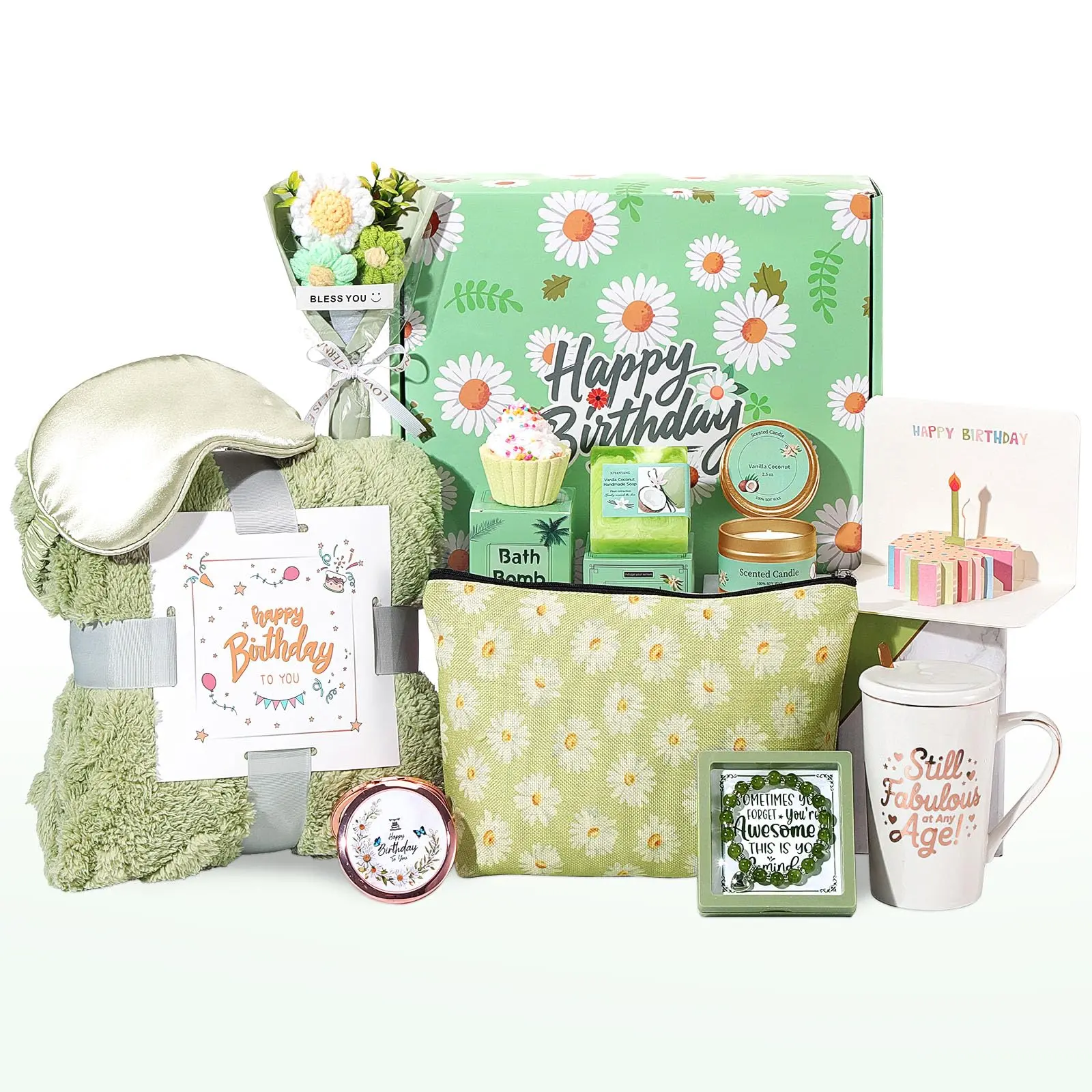 Happy Birthday Gifts for Women 11PC Get Well Soon Gift Spa Set with Candle,Gift Baskets for Women, Best Friend Gift Set- Self Care Daisy Gift Box for Her, Mom, Wife Gift Box for Sister
