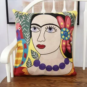 Frida Inspired Flower & Parrot | Embroidered Pillow Cover