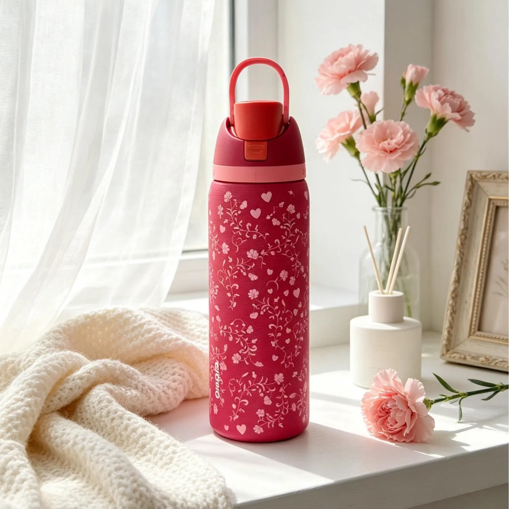 Owala FreeSip 32oz Insulated Leakproof Stainless Steel Beverage Hydration Tumbler Mug - Special Edition Floral Heart Red, 24hr Cold Retention, BPA-Free Reusable Portable Kitchenware Drinkware Vacuum Flask