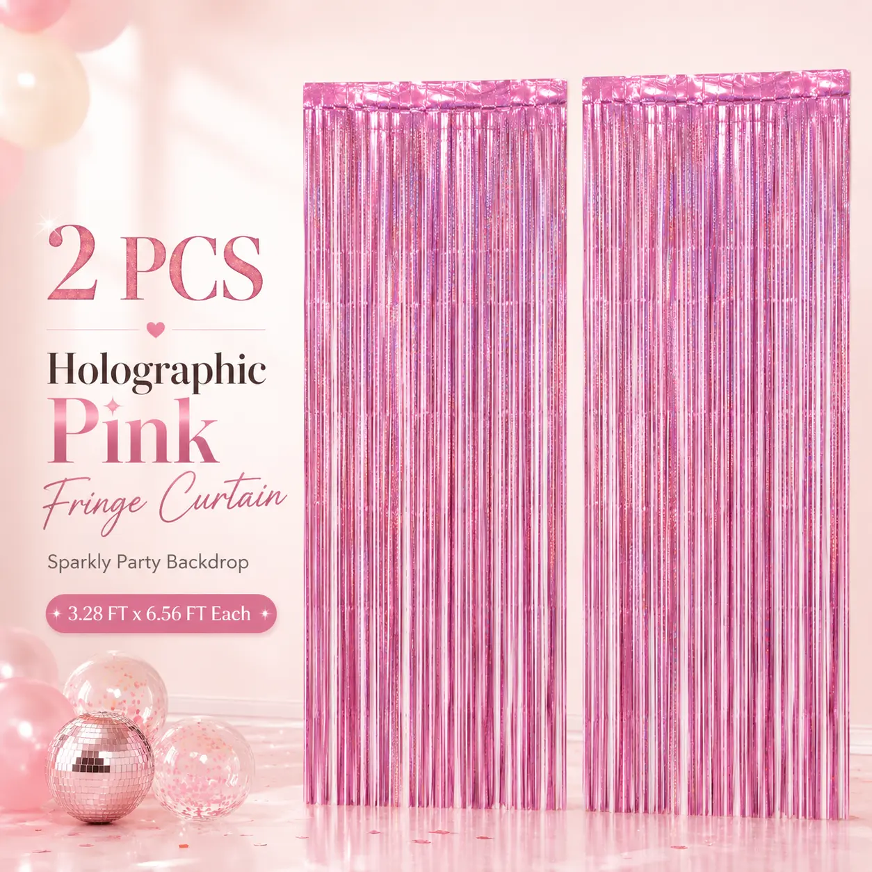 2 PCS Holographic Pink Tinsel Fringe Curtains, 3.28 ft x 6.56 ft Metallic Foil Party Backdrop Streamers for Birthday, Bridal Shower, Bachelorette, Wedding & Photo Booth Decor