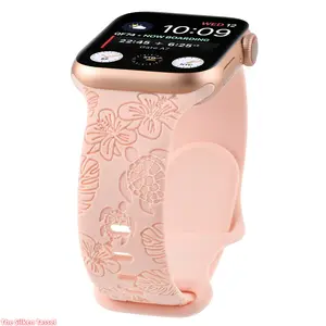 Turtle And Floral Engraved Silicone Watch Band, Soft Comfortable Strap for Apple Watch, Compatible with Series 1-11 Ultra SE (No watch)