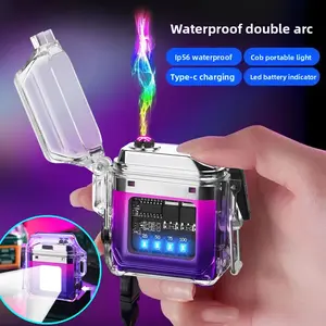 Fishing Essential Keychain Lighter Waterproof Dual Arc Flameless Lighter Outdoor Multifunctional Flashlight Quick Charging