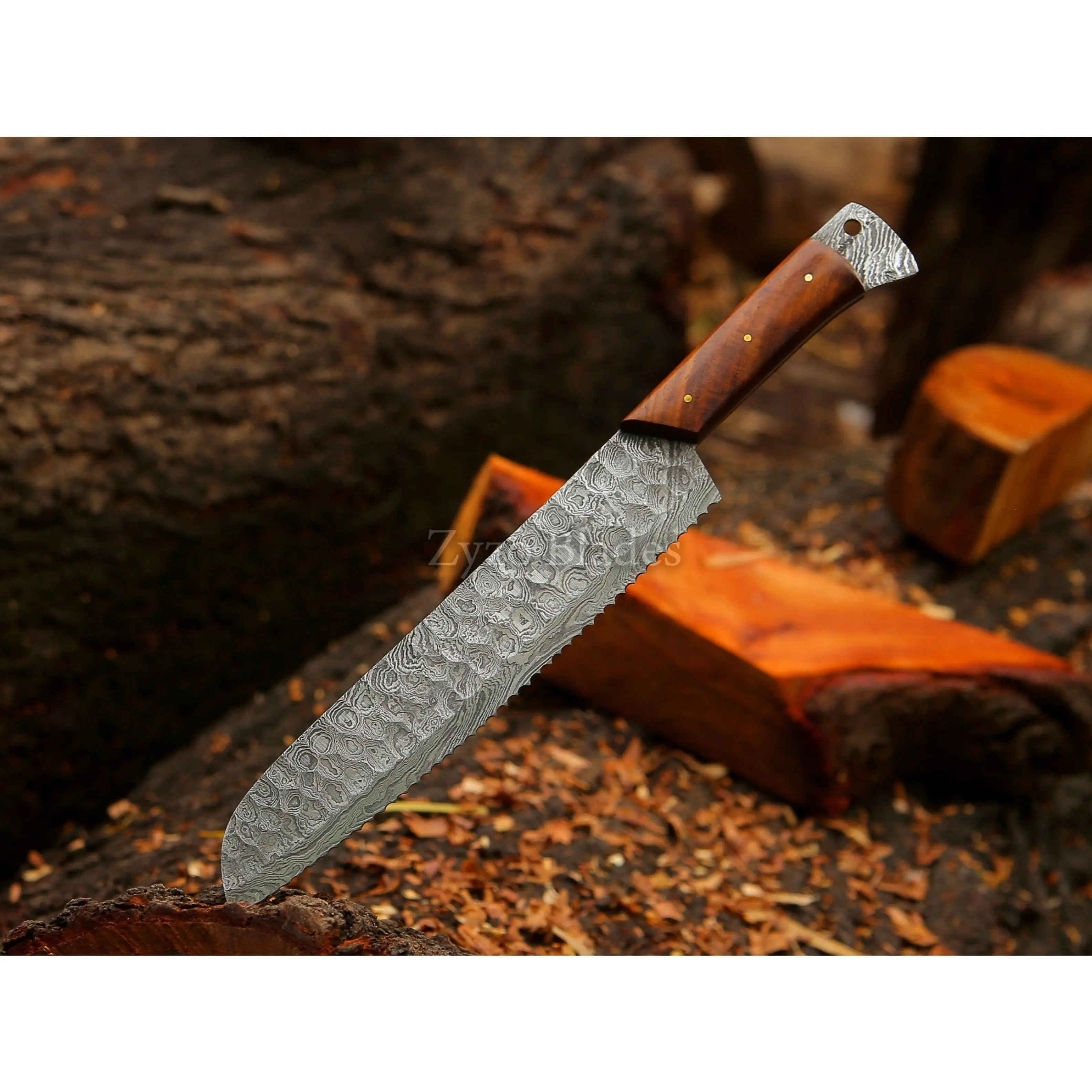 15-Inch Damascus Steel Serrated Blade Bread Knife with Wooden Handle, Professional Kitchen Knife for Home Baking