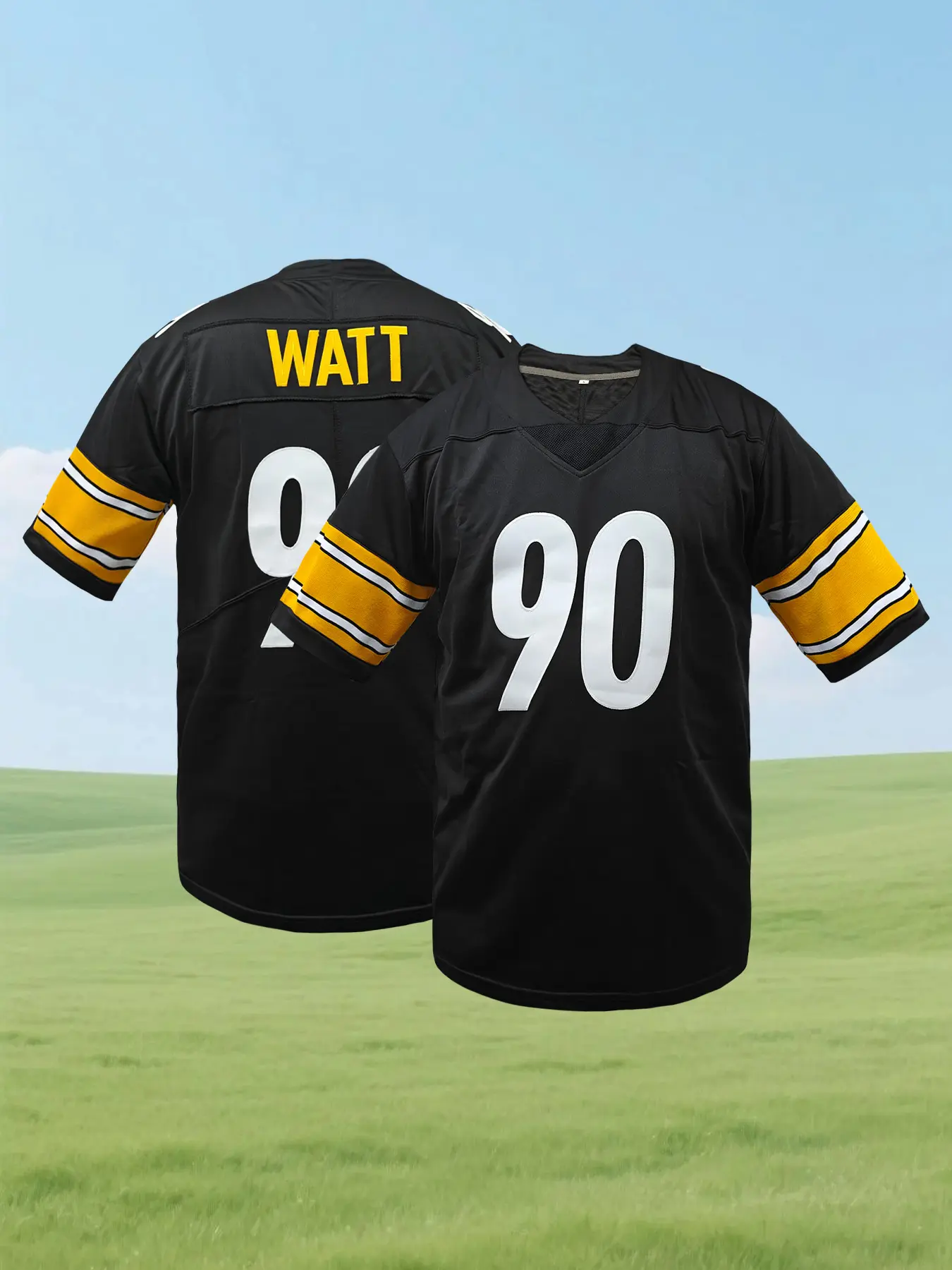 Me's Stitched Football Jersey, Breathable V Neck Embroidered Casual Loose Short Sleeve Pittsburgh T-Shirt, Unisex All Season Wear, Casual Sporty Top