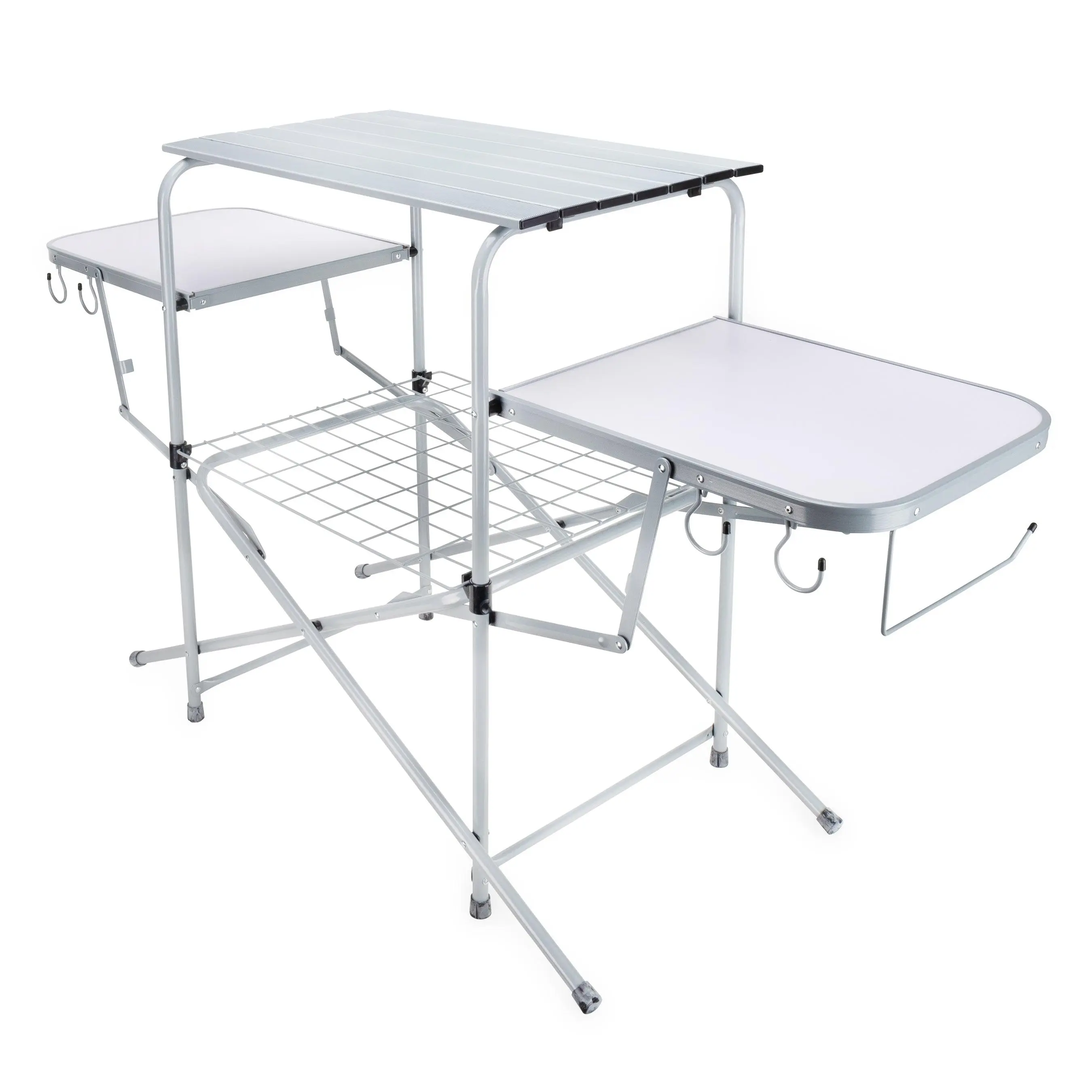 Camco Deluxe Folding Outdoor Steel Grill Table with Side Tables, Hooks, and Case