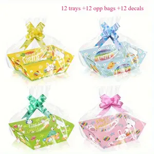 12pcs Easter Bunny Chick Egg Party DIY Gift Box Set, Includes Opp Bag Ribbon Tray, Decorative Paper Packaging, Holiday Party Supplies, Themed Gift Box