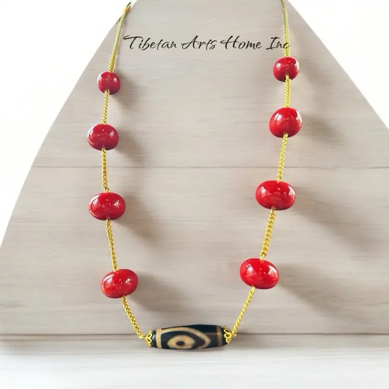 Dzi bead and Coral  Necklace