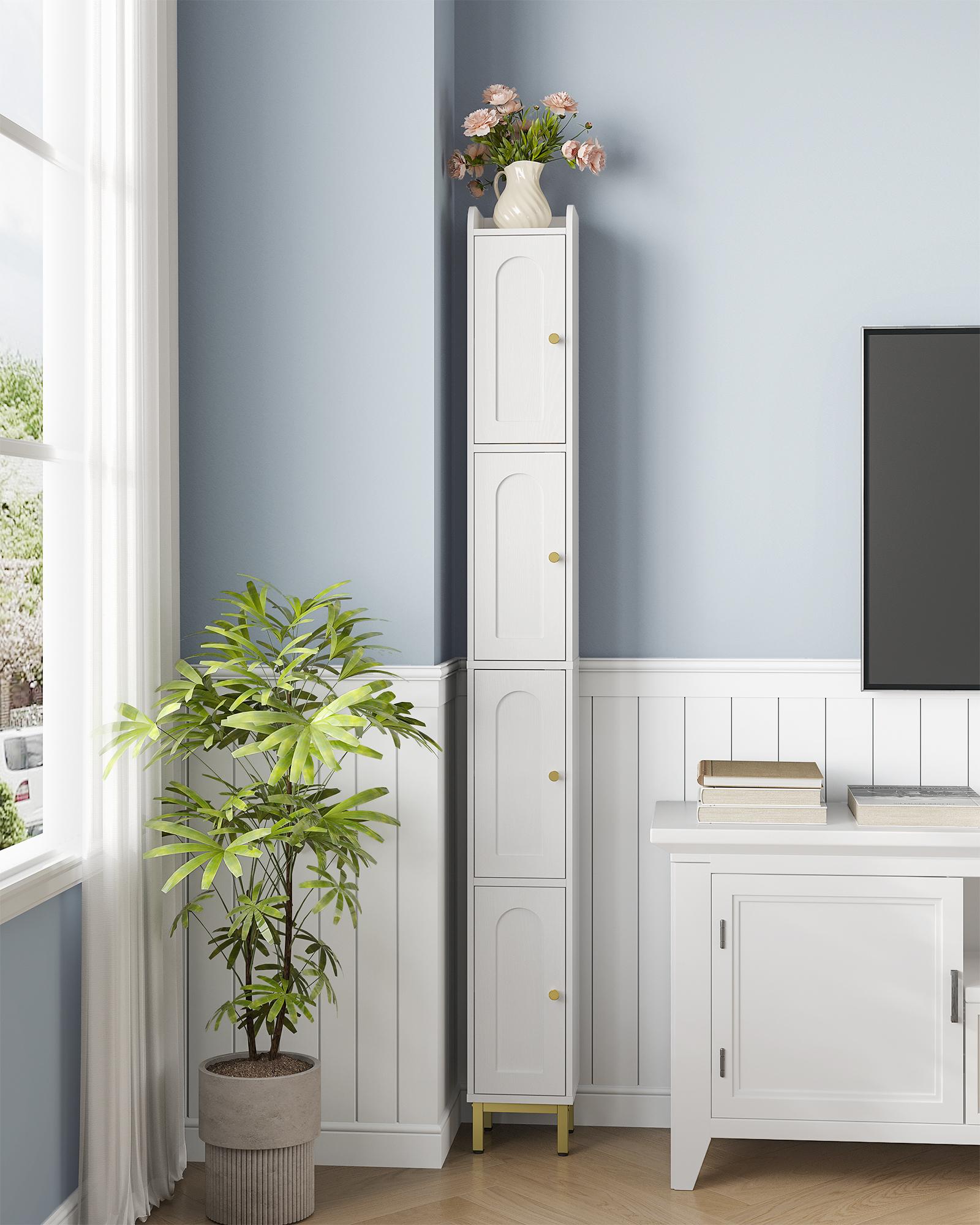 Hzuaneri 4-Tier Narrow Tall Interior Storage Cabinet, 7.9x7.9x70.9" Slim Bathroom Floor Unit with 4 Adjustable Feet, Shelves & Compartments, Space-Saving Organizer for Small Bathrooms, Kitchen, Interior Storage Furniture
