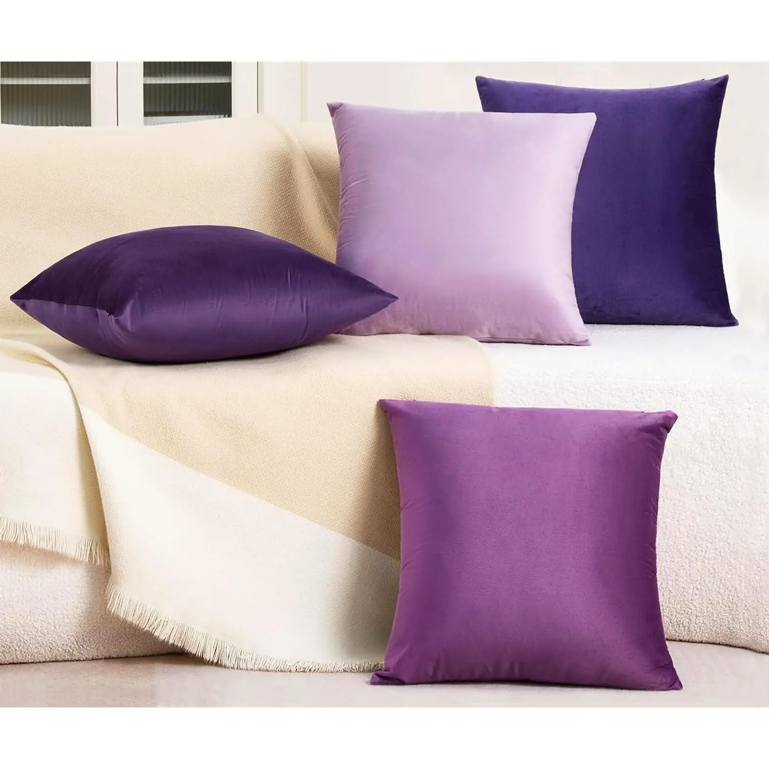 Decorative Cushion Covers Set of 4 - 18x18 in, Sofa Pillow Covers for Living Room, Bedroom (Purple), Decorative Cushions