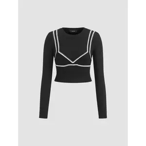 Cider [size 2-10] Round Neck Contrasting Binding Crop Long Sleeve Tee SummerWins Dealsforyou