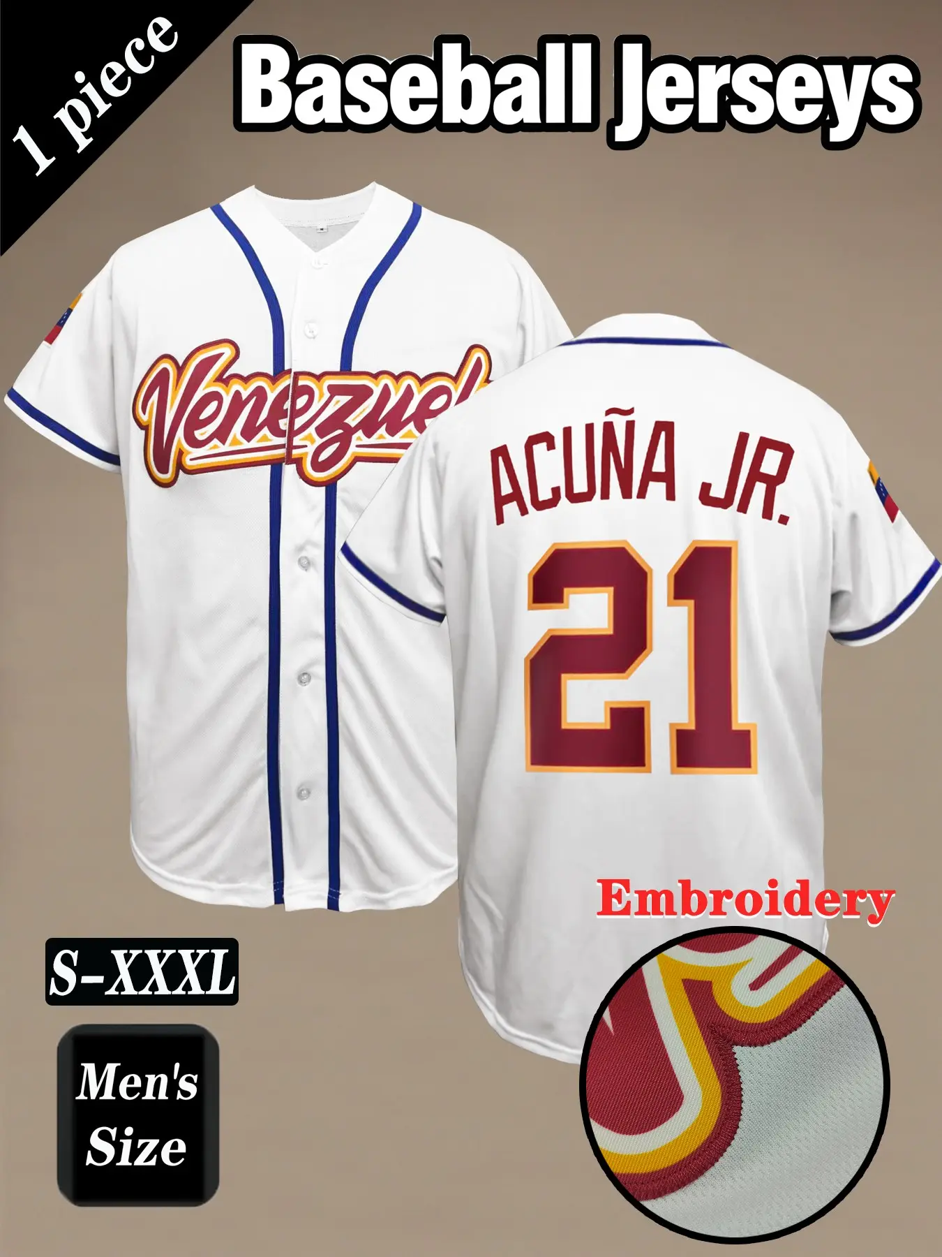 Men's #21 Baseball Throwback Apparel Jersey, Jersey Tops, Venezuela Letter Embroidery High-Quality Sportswear, Breathable Comfort Fabric, Casual Streetwear Vintage Style