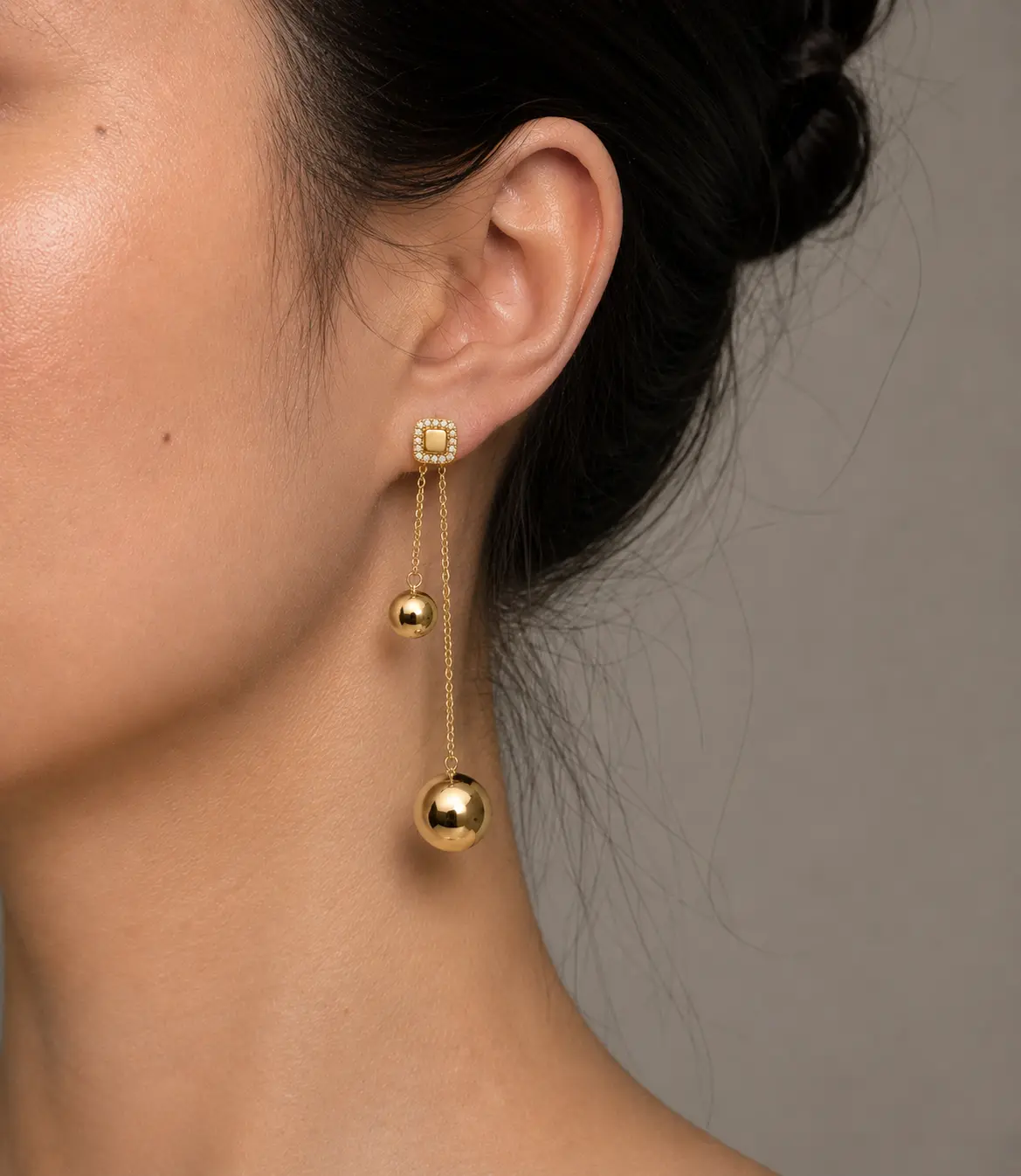 Modern Silver Ball Drop Earrings with Long Chain and Square Stud | Sterling Silver CZ Dangle Earrings  | Modular Design