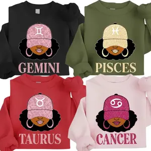 [Full 12 Zodiac] Zodiac Vibes Sweatshirt – Aries & Virgo Glitter Afro Girl Crewneck, Stylish Astrology Gift for Women, Sparkly Zodiac Sign Pullover for Birthday or Holiday