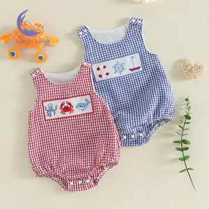 Baby Boy Romper Sleeveless Round Neck Embroidery Plaid Print Bodysuit Newborn Playsuit