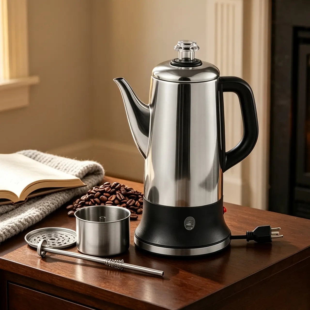 12 Cup Electric Coffee Percolator Stainless Steel Coffee Maker Classic Drip Percolator Machine Keep Warm Function Fast Brew Kitchen Coffee Pot Silver