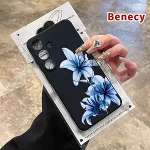 Straight Edge Phone Case Compatible with Galaxy S23  Ultra S24 Plus S25 S22+ Blue Lily Grace Pattern Anti-Scratch Shockproof Soft Liquid Silicone Protective Cover Smartphone Casing
