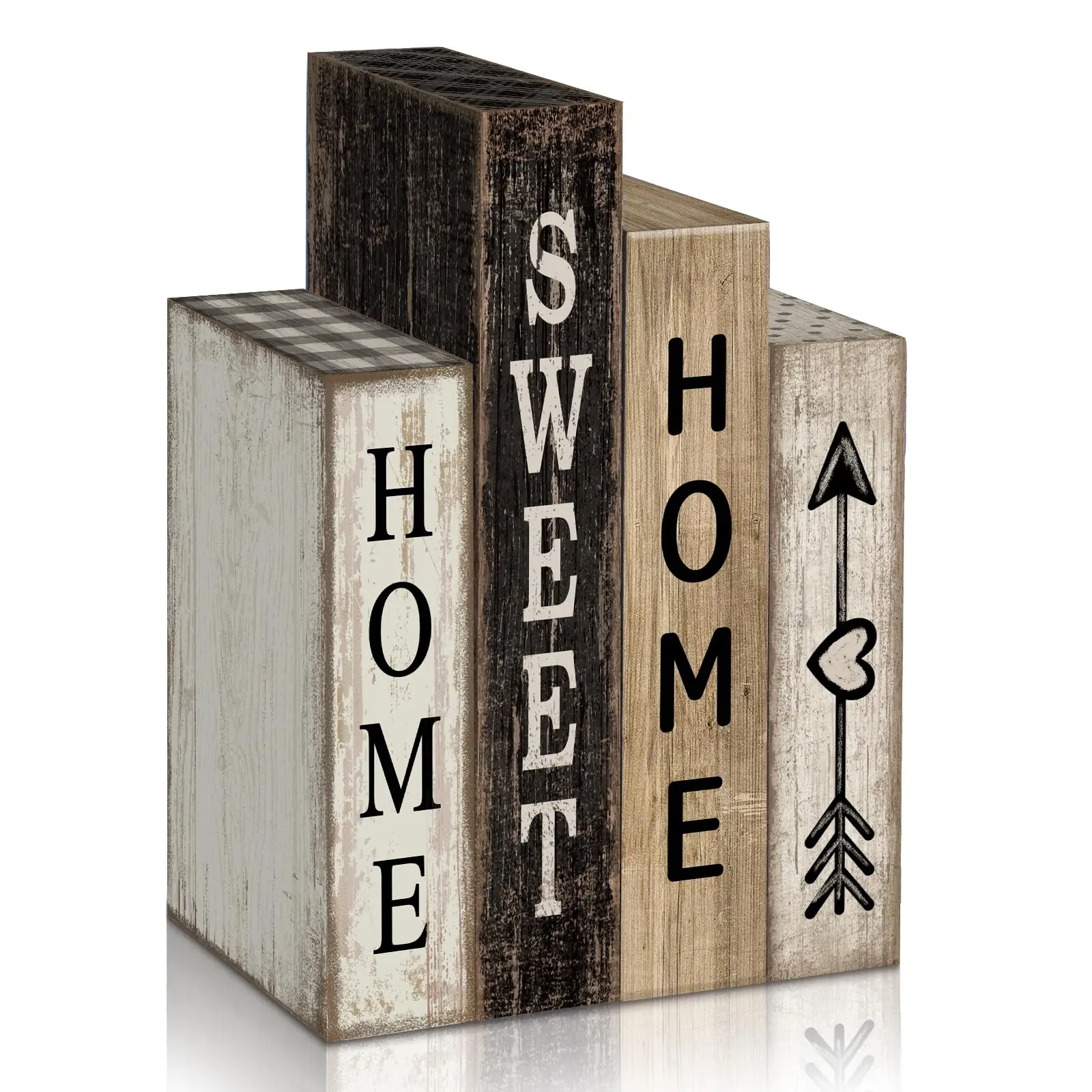 4-Piece Farmhouse Wooden Book Decorations - Rustic Wood Block Signs for Tabletops, Layered Trays, Stacked Shelves, Gender-Neutral Housewarming Gift Centerpieces